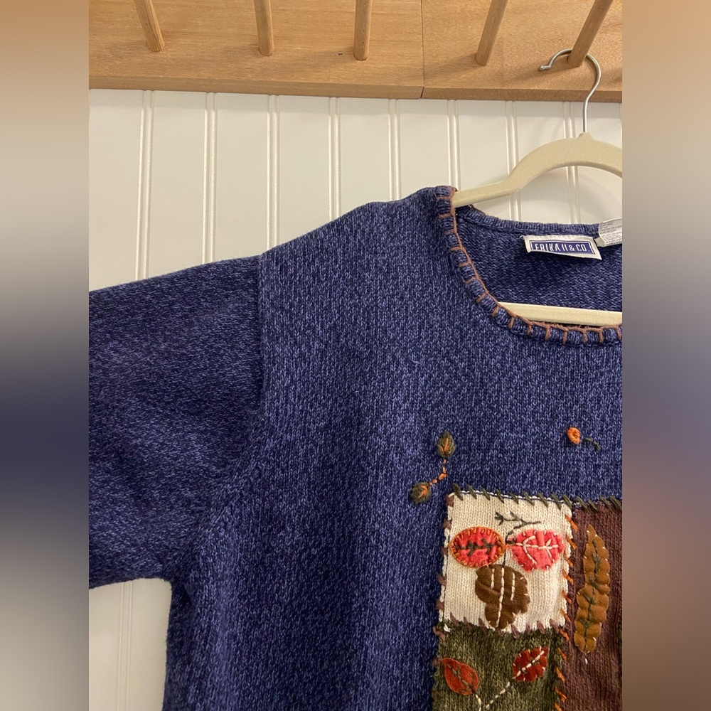 Erica II & Co Vintage 90s Autumn Fall Leaves Knit Sweater Raime Cotton Navy 2X - Picture 3 of 8